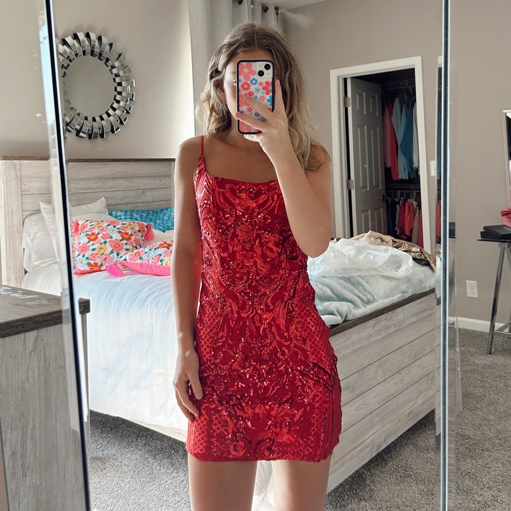 red sparkly formal dress
